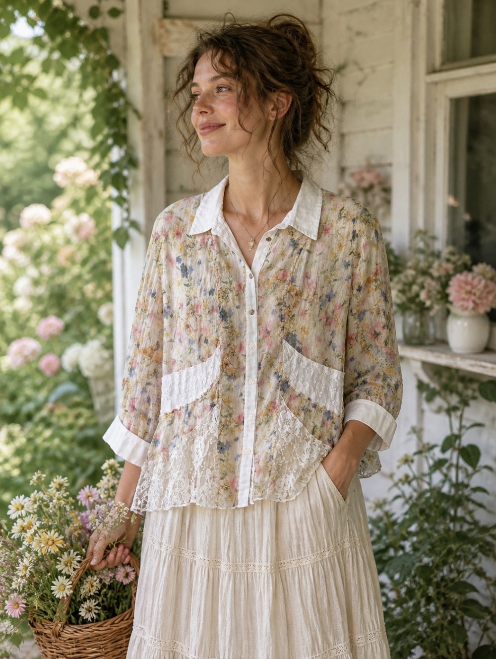 Cottagecore Lace Floral Pleated Blouse Size US 12 Eur 44 Tinta Style (Spain)